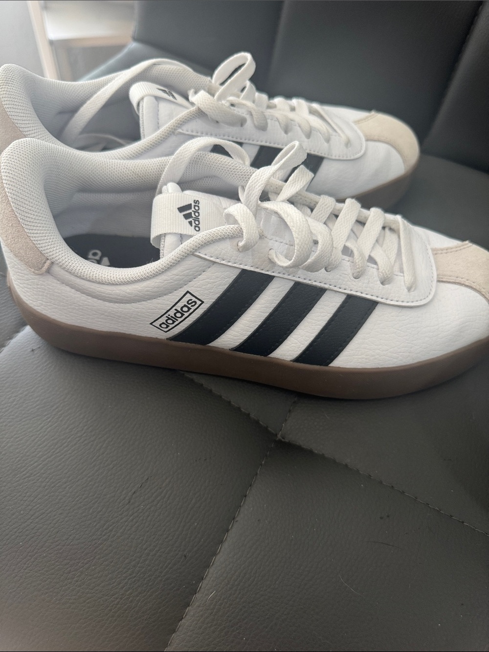adidas White Sneakers with Black Stripes and Gum Sole